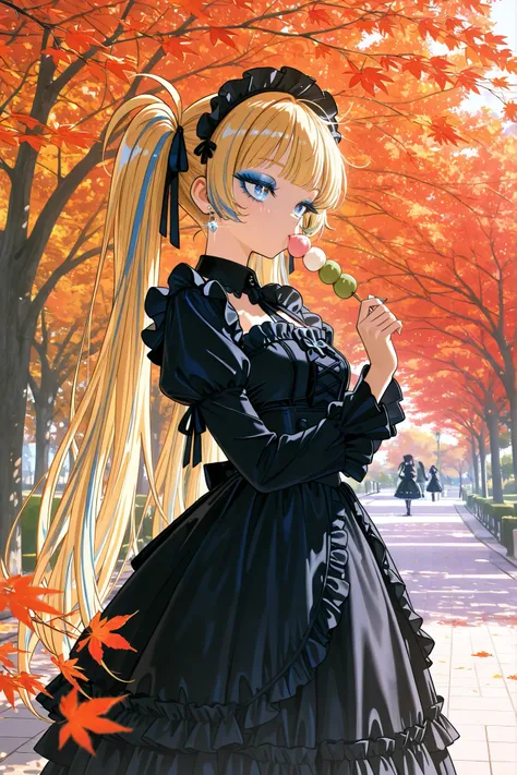 High-quality artwork, masterpiece, 4K, beautiful woman, blonde twin tails (sparkling hair), blue eyeshadow, long lashes, wearing a gothic maid dress, holding a dango, in a park overflowing with autumn leaves