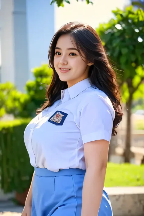 1girl, solo, 19 years old, (uniform), detailed Metropolitan city at the background, portrait, semi-thick breasts, semi-curvy body, smooth realistic skin, cute smile, white shirt, grey blue short skirt, looking at the audience, high angle shot,(8k, RAW phot...