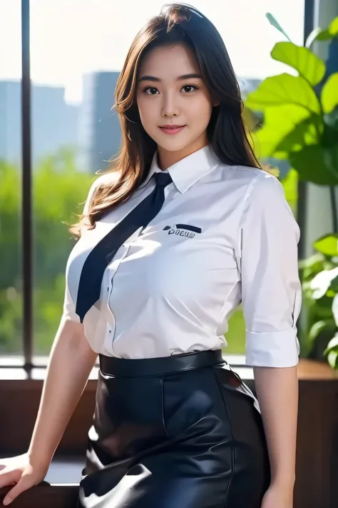 1girl, solo, 19 years old, (uniform), detailed Metropolitan city at the background, portrait, semi-thick breasts, semi-curvy body, smooth realistic skin, cute smile, white shirt, grey blue short skirt, looking at the audience, high angle shot,(8k, RAW phot...