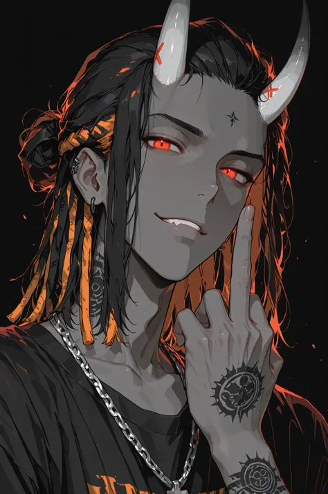 (masterpiece, best quality, detailed eyes, 8k),(anime style, manga, monochrome, grayscale, male focus, portrait, close-up, rebellious, edgy, horns, tattoos, dreadlocks, glowing eyes, offensive gesture, smirk, dark background, high contrast, dramatic lighti...