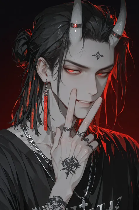 (masterpiece, best quality, detailed eyes, 8k),(anime style, manga, monochrome, grayscale, male focus, portrait, close-up, rebellious, edgy, horns, tattoos, dreadlocks, glowing eyes, offensive gesture, smirk, dark background, high contrast, dramatic lighti...
