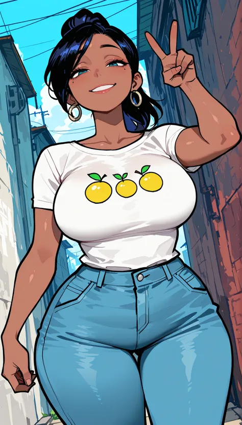 score_9, score_8_up, score_7_up, amazing quality, newest, very awa, scenery, solo, (expressives eyes: 1.3), perfect hands, perfect face, alone, 1girl, leshawnatd, dark skin, ponytail, mole under eye, hoop earrings, white shirt, food print, fruit, short sle...