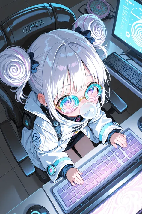 １Little Girl （Top quality futuristic depiction）with her head on a PC keyboard、Swirl Glasses、in a white coat、from above、Below her waist is buried in a futuristic supercomputer。nose bubble、Swirl Glasses