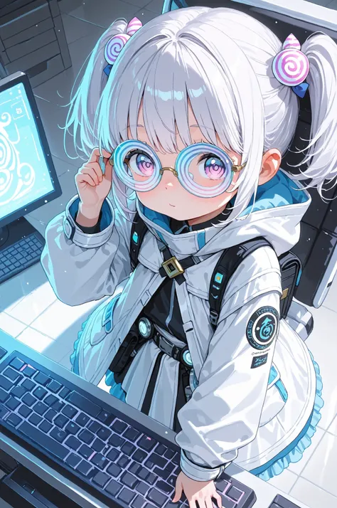 １Little Girl （Top quality futuristic depiction）with her head on a PC keyboard、Swirl Glasses、There is a little girl in a white coat、from above、Below her waist is buried in a futuristic supercomputer。nose bubble、Swirl Glasses