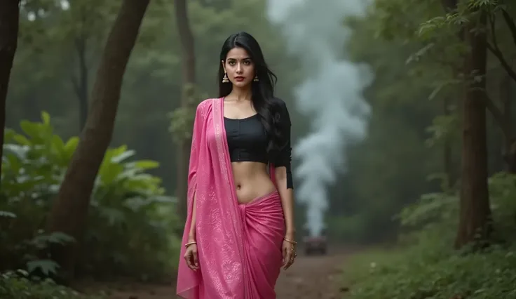 Full hd image of a indian 25 years old girl wearing pink shimmer saree black shimmer half sleeves torn blouse. Smoke is visible in the distance in the forest, and the woman goes towards it.