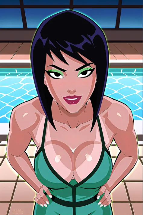 solo, 1girl, looking at viewer, seducing viewer, teasing viewer, bob cut, black hair, black eyes, tan skin, very large breasts, cleavage, BREAK, score_8_up, score_7_up, score_9, score_6_up, high quality, best quality, face focus, lipstick, makeup, seductiv...