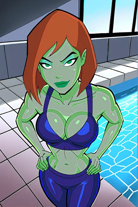 BREAK, score_6_up, score_7_up, score_8_up, score_9, 1girl, solo, green skin, green eyes, orange hair, green lipstick, makeup, Megan, superhero, very large breasts, busty, cleavage, curvy, athletic, looking at viewer, seducing viewer, teasing viewer, seduct...