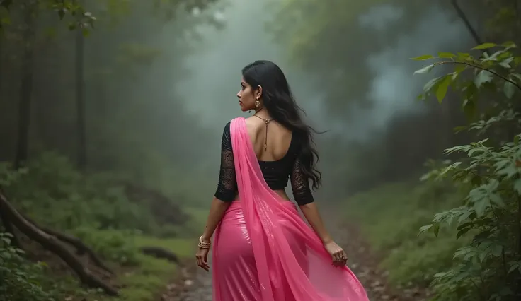 Full hd image of a indian 25 years old girl wearing pink shimmer saree black shimmer half sleeves torn blouse. Smoke is visible in the distance in the forest, and the woman goes towards it. Back view 