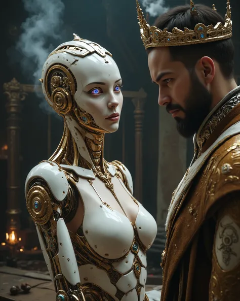 Dark Renaissance steampunk oil painting, masterpiece, ultra-detailed, 8k. Storm-lit workshop, broken gears, torn blueprints, sparks and smoke. Female android, porcelain + brass + copper, glowing veins, crystalline eyes open, intense gaze at inventor. Semi-...