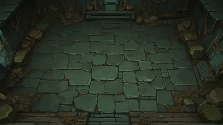 Quality_masterpiece, (highest quality, best quality), Direct view from above, Direct top view, Above view, View from above, Top view, Top perspective, underground chamber, 2.5D view of a subterranean room. Slightly angled top-down perspective showing a sto...