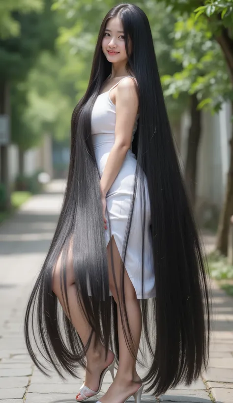 (classics, surreal, 8k, extremely detailed, cinema light, sharp focus)
A very cute Vietnamese girl with dimpled cheeks and light white skin, standing in a street garden, recorded in a 3/4-sided angle.
Hair is the main point: super long (over 2 meter...