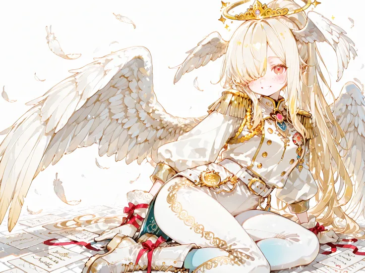 (feathered head wings, white head wings, gold head wings,) The magic girl,postwoman. She has an athletic build, peach colored skin covered with freckles and blush. She has fluffy blonde longest hair dyed in yellow, pulled back in a high ponytail,she has ba...