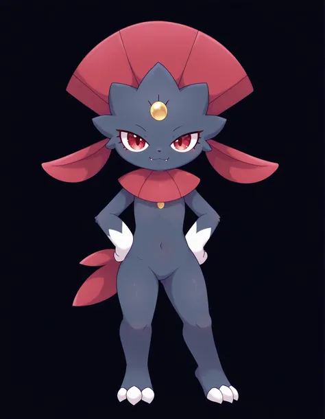 pearlykf, furry,, (masterpiece, best quality, very aesthetic, absurdres, shaded, black background), pokemon (creature), weavile, ((solo)), full body, (flat chest:1.2), female,, standing, front view, fangs, looking at viewer, smile, 