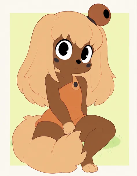 pearlykf, pokemon (creature), furry,, masterpiece, best quality, very aesthetic, 1girl,, solo, (lilotte), (tail covering crotch:1.3), solo, young, 1girl, dog ears, long hair, furry female, dog tail, long tail, big tail, barefoot, looking at viewer, blonde...