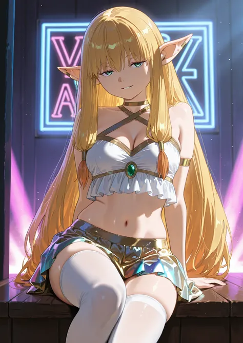 1girl, solo, serie, sousou no frieren, blonde, shiny glittering crop top, shiny glittering plated skirt, white thigh highs, naturally sagging medium breasts, sitting by the bar, colorful beach bar, neon bar signs, seductive, sexy erotic pose, alluring atmo...