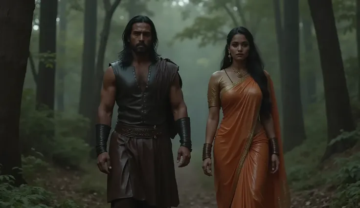 A Full HD cinematic scene of a 25-year-old Indian man from the Iron Age, rugged look, wearing ancient leather clothes, standing in a mysterious forest. Opposite to him stands a 25-year-old Indian woman, wearing a saree and a half-sleeved blouse. They are w...