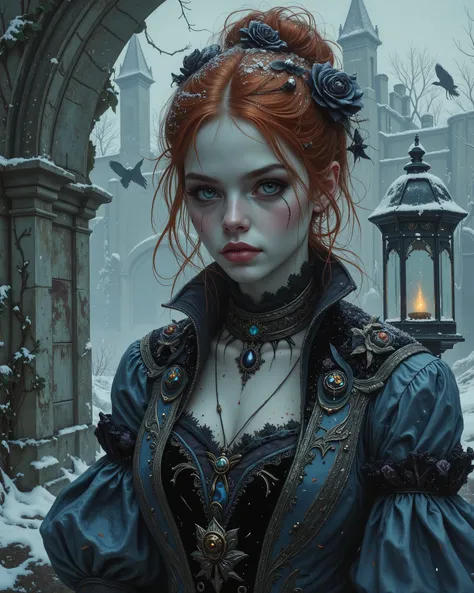 close-up mdium, A young woman with black hair blown up in a gust of icy wind stood half-turned under the massive stone arch of a ruined estate, shackled by eternal cold. The arch is covered with frost and tenacious ivy. One of her hands is slightly raised,...