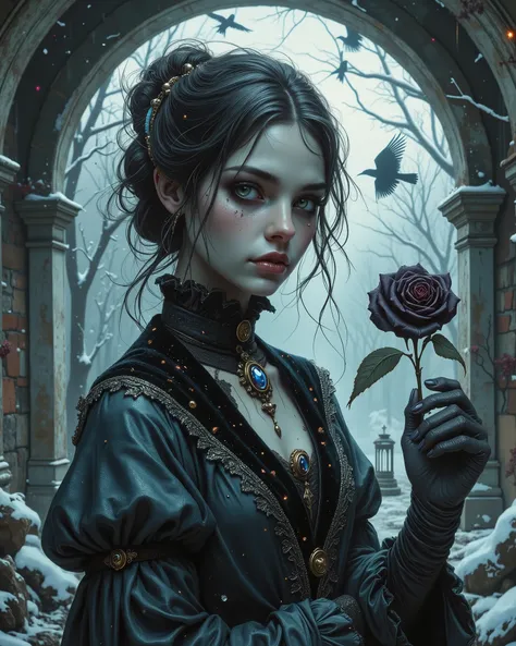 close-up mdium, A young woman with black hair blown up in a gust of icy wind stood half-turned under the massive stone arch of a ruined estate, shackled by eternal cold. The arch is covered with frost and tenacious ivy. One of her hands is slightly raised,...
