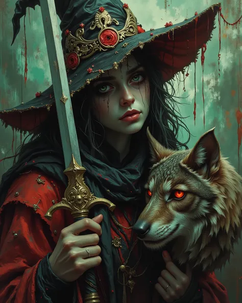 médium close-up, witch with sword owl and Wolf, long green red

digital illustration, gothic style, dark fantasy, moody atmosphere, intricate details, dramatic lighting, high-resolution artwork, ultra-detailed, fine art, concept art, character concept, sur...