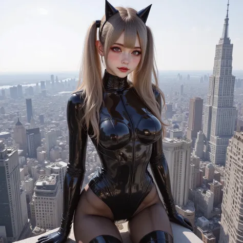 ((( the highest quality 8K, 32K ))), best realistic work, Score 9 , result 8, Rating 7 , masterpiece, Ultra-surrealistic, very detailed, Image of a cute anime girl, dressed in a tight latex Catwoman costume , ((( A breathtaking hourglass-shaped body ...