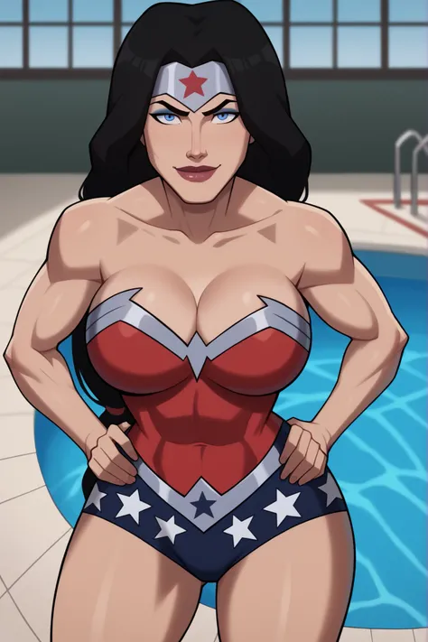 looking at viewer, seducing viewer, teasing viewer, smile, closed mouth, WWDiana, DianaHero, wonder woman, superhero, long hair, black hair, blue eyes, makeup, lipstick, BREAK, score_9, score_8_up, score_7_up, score_6_up, 1girl, solo, very large breasts, c...