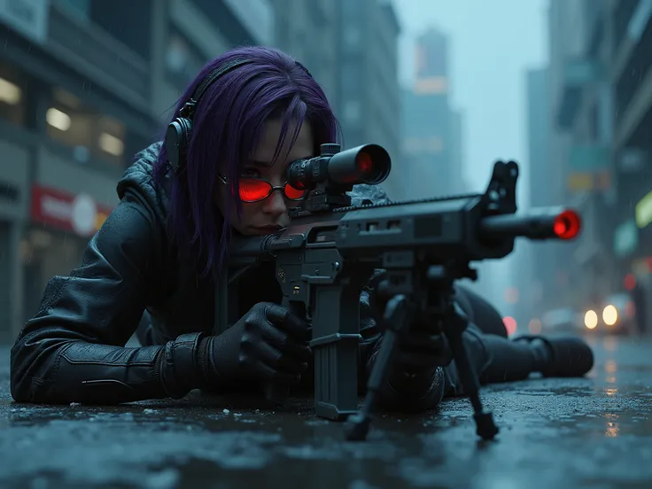 Female Sniper Android Assassin, Midnight 、An urban area with no cars or people under lockdown,Where violent explosions and white smoke can creep in here and there,Aim calmly, (Highest Quality,4K,8k,high resolution,masterpiece:1.2),super detailed,(Realisti...