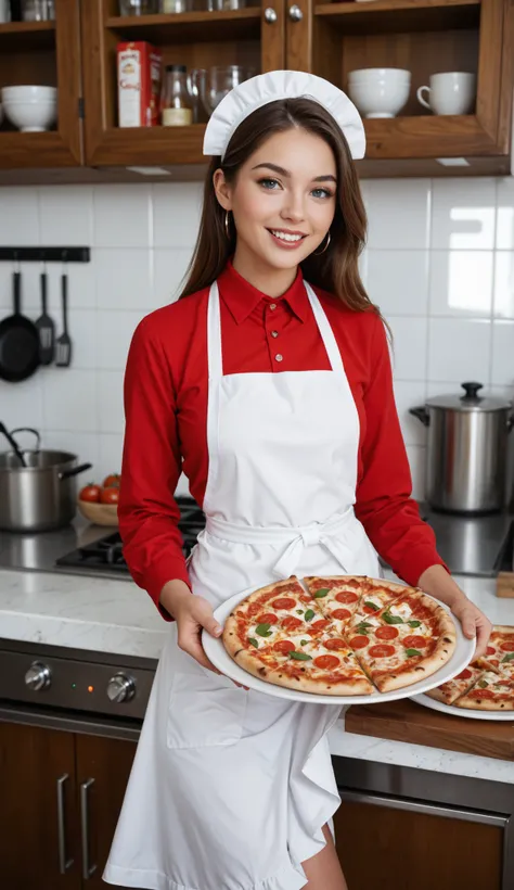 high-definition images、Cat girl food fortune teller 、 She is wearing a white apron and raising her hands while chanting a spell、 In a restaurant kitchen （ Tomato pizza is floating in the air ）