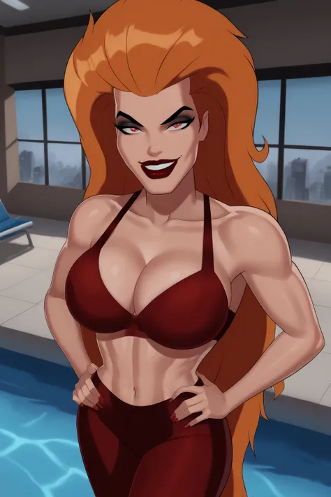 BREAK, score_6_up, score_9, score_8, score_7, 1girl, solo, Volcana, dcaustyle, red lips, lipstick, makeup, very long hair, orange hair, red eyes, black pupils, very large breasts, cleavage, curvy, athletic, looking at viewer, seducing viewer, teasing viewe...