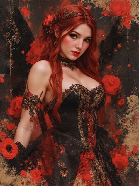 masterpiece, very aesthetic, best quality, newest, absurdres, highres, very stylized with gold filigree
BREAK
Regal full figured queen, very expressive face denoting satisfaction,  watercolor, 1girl, magical girl, redheaded majestic angel, red and black th...