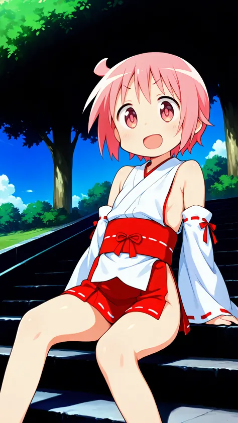 nonohara yuzuko, pink hair, short hair,(ahoge), pink eyes,bangs,((anime style)),score_9, score_8_up, score_7_up, source_anime,solo,1girl, ((miko)),  (((((mini slit red skirt))))),((Obi)) ,((Obi knot)), (flat chest) , ((side boob)) , (No panties) , ((expose...