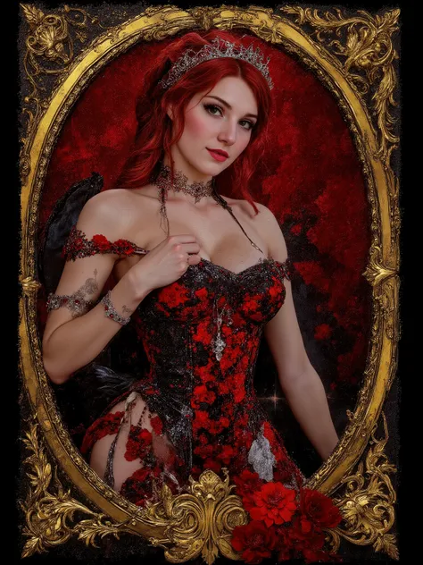 masterpiece, very aesthetic, best quality, newest, absurdres, highres, very stylized with gold filigree
BREAK
Regal full figured queen, very expressive face denoting satisfaction,  watercolor, 1girl, magical girl, redheaded majestic angel, red and black th...