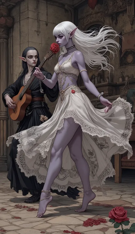 (The fusion of ukiyo-e and dark fantasy. Aesthetic, gothic-style digital art. Detailed facial rendering. Two female elves.) BREAK
(Translucent white hair. Straight-across bangs. White eyebrows. Long white eyelashes. Almond-shaped eyes. Lavender-colored ir...