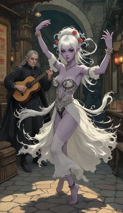 (The fusion of ukiyo-e and dark fantasy. Aesthetic, gothic-style digital art. Detailed facial rendering. Two female elves.) BREAK
(Translucent white hair. Straight-across bangs. White eyebrows. Long white eyelashes. Almond-shaped eyes. Lavender-colored ir...