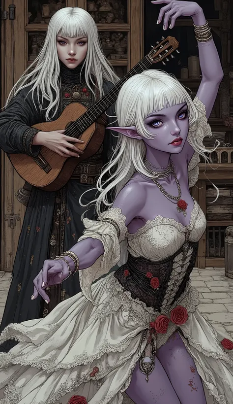 (The fusion of ukiyo-e and dark fantasy. Aesthetic, gothic-style digital art. Detailed facial rendering. Two female elves.) BREAK
(Translucent white hair. Straight-across bangs. White eyebrows. Long white eyelashes. Almond-shaped eyes. Lavender-colored ir...