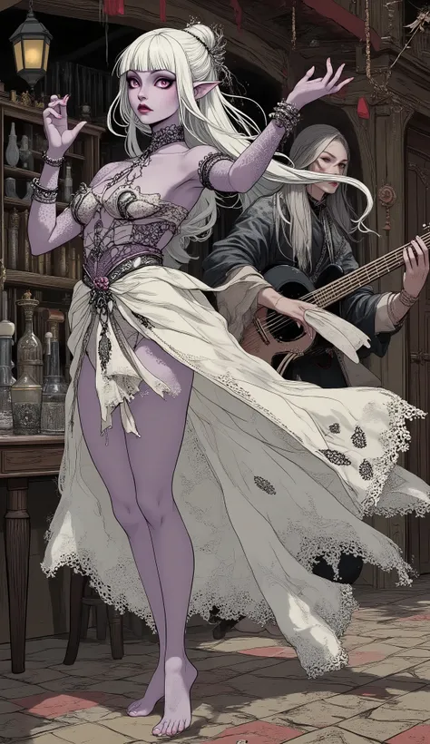 (The fusion of ukiyo-e and dark fantasy. Aesthetic, gothic-style digital art. Detailed facial rendering. Two female elves.) BREAK
(Translucent white hair. Straight-across bangs. White eyebrows. Long white eyelashes. Almond-shaped eyes. Lavender-colored ir...