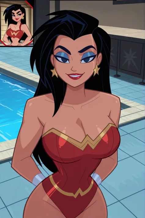 BREAK, score_6_up, score_9, score_8_up, score_7_up, ultra quality, solo, 1girl, wonderwomanjla, long hair, black hair, bare shoulders, jewelry, earrings, busty, red bikini top, red bikini bottom, makeup, lipstick, star earrings, looking at viewer, seducing...