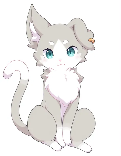 pearlykf, pokemon (creature), furry,, Puck_(Re:Zero),, cat, single ear down, animal ear piercing, animal ear fluff, aqua eyes, two-tone fur, neck fur, grey fur, white fur, cat tail, no humans, little
