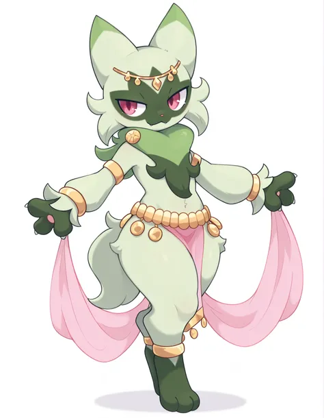 pearlykf,, (masterpiece, best quality, very aesthetic, absurdres, shaded, white background), pokemon (creature), floragato, anthro, furry, dancer outfit, gold jewelry, gold diadem, gold coin belt