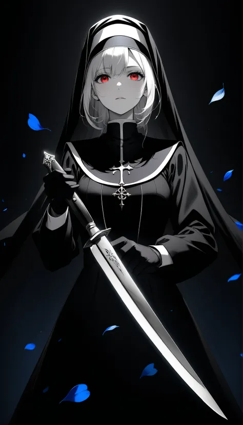 masterpiece,nun,((Dark Theme:1.9)),Ultimate Details,high contrast, black monastic uniform,black gloves,((holding silver knife)),Red Eyes without highlights,((Fluttering Blue Petals)),cowboy shot,simple black background,Cool and expressionless,Strong winds,...