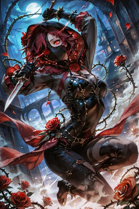 womanhood,glamorous, Assassin,black mask,redいフード,Dark tools,knife,glowing_eyes,flower_over_eye,eye trail,jumping,Dance,(Rose:1.2),Thorns,red,night,fog,dynamic angle,motion blur on background