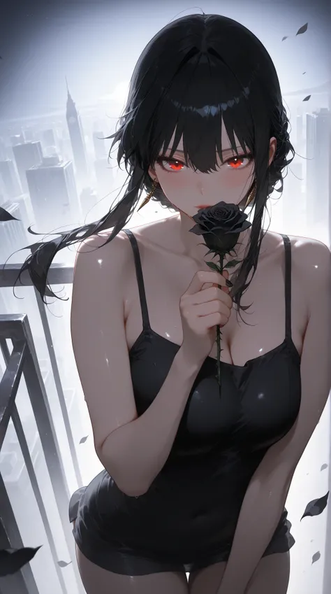 high quality, Dark Fantasy x Action, A tense scene where she prepares for assassination on the roof of a skyscraper illuminated by moonlight, Her sharp profile and cold red eyes that emerge against the backdrop of a jet black night sky, Black Camisole and ...