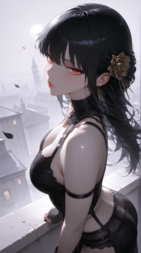 masterpiece, Highest Quality, super resolution, A bewitching and dangerous scene where Yeol-san in black underwear faces an assassination mission on a building roof at night, The sharp contrast between her white skin and black underwear illuminated by moon...