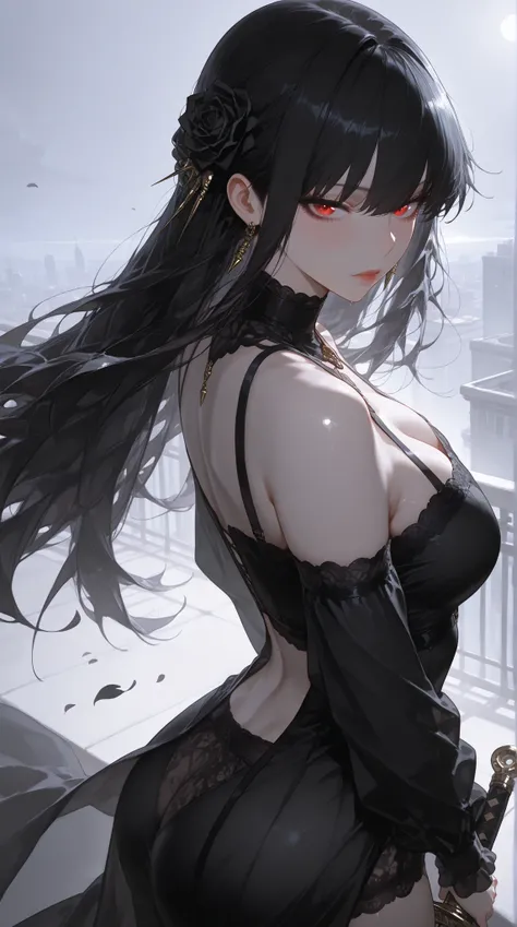 masterpiece, Highest Quality, super resolution, A bewitching and dangerous scene where Yeol-san in black underwear faces an assassination mission on a building roof at night, The sharp contrast between her white skin and black underwear illuminated by moon...