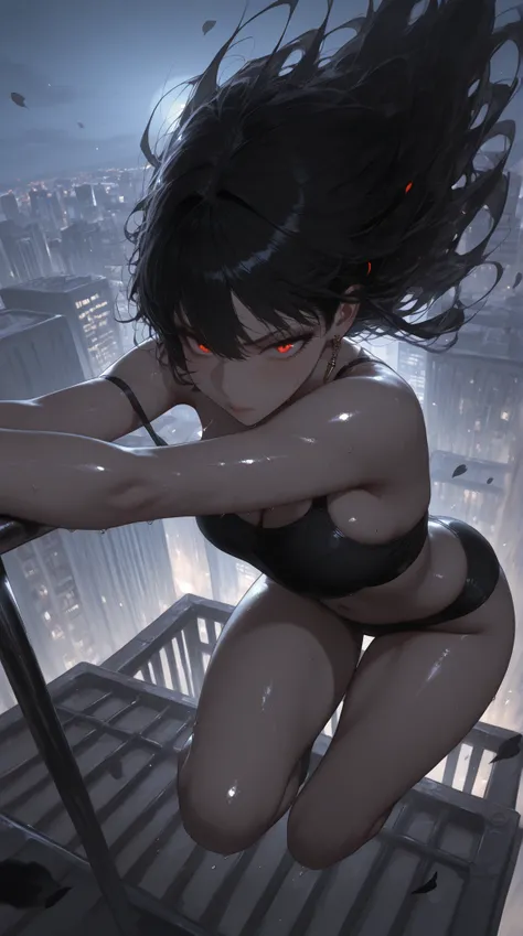 masterpiece, Highest Quality, super resolution, A dynamic night scene where Yeol-san in black underwear develops assassination action on the roof of a building, Dynamic movement trajectory created by long black hair cutting through the wind and underwear s...