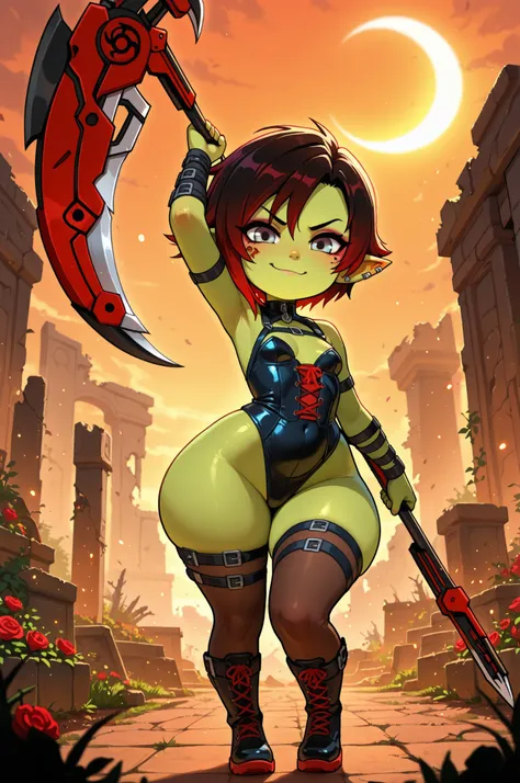female punk, rainbow hair, very short hair, black eye , facial piercings, eye makeup, small breasts, meduim hips, (goblin girl:1.0) (shortstack:1.0) (green skin:1.0) (pointy ears:1.0) (wide hips:1.0)| masterpiece, anime coloring, newest, Ruby Rose, Main Ou...