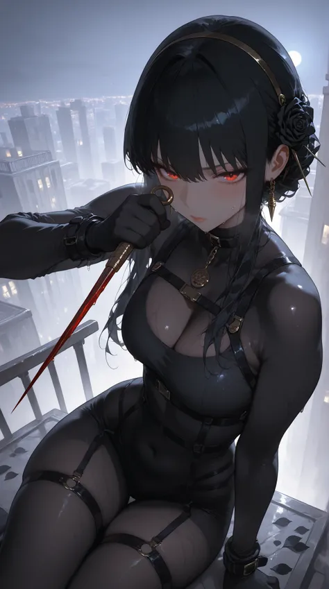 masterpiece, Highest Quality, super resolution, A dynamic night scene where Yoru-san, wearing a black bodysuit underwear and a black rose hair ornament, unfolds an assassination action on the roof of a building, perfect for her white skin and body illumina...