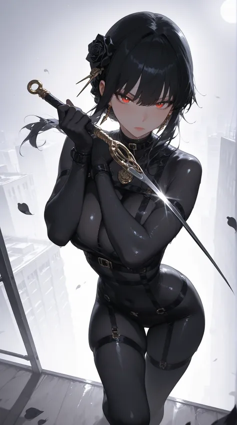 masterpiece, Highest Quality, super resolution, A dynamic night scene where Yoru-san, wearing a black bodysuit underwear and a black rose hair ornament, unfolds an assassination action on the roof of a building, perfect for her white skin and body illumina...