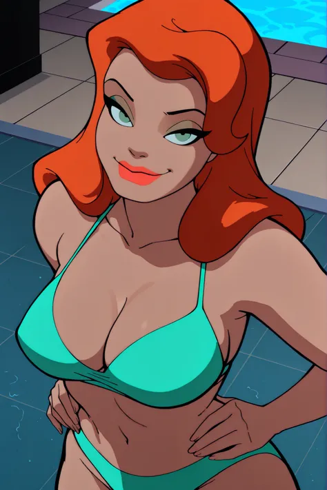 BREAK, score_6_up, score_7_up, score_8_up, score_9, Pamela Isley, 1girl, solo, orange hair, green eyes, lipstick, makeup, very large breasts, cleavage, curvy, athletic, busty, masterpiece, best quality, newest, absurdres, ultra highres, amazing quality, ve...