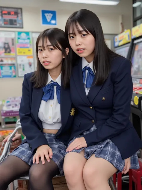 ((anatomically correct, Best Quality, masterpiece, 32K, Every Little Details )), full body photo, ((school classroom:1.5)), ultra high resolution , ( 2 girls:1.5, 20 years old),  Ramdom face, beautiful details,  thighs, ((The two girls are sitting in schoo...