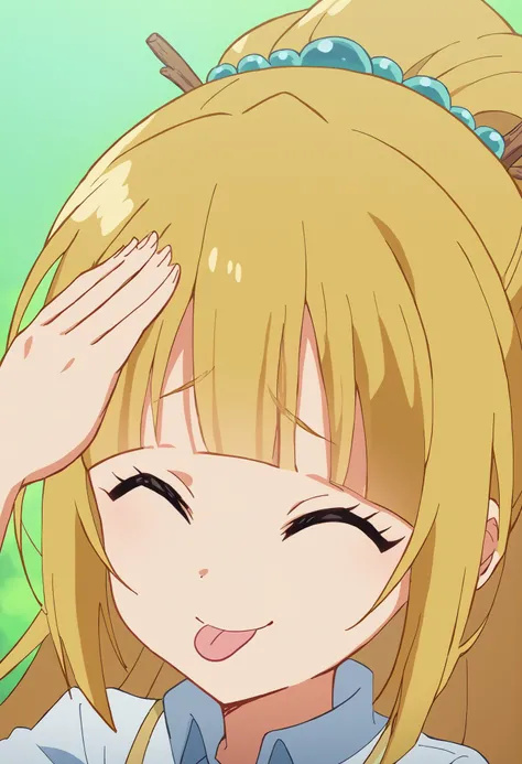 score_9, score_8_up, score_7_up, source_anime,  {{x}}, long hair, Bang, blunt Bang, Blonde, hair ornaments, ponytail, scrancy, blue scrancy, medium breasts, anime screencap,  oh eto  ブレ, oh eto ... ブレ (meme), 自分Headに手を置く, meme, Head, sticks out tongue, clo...